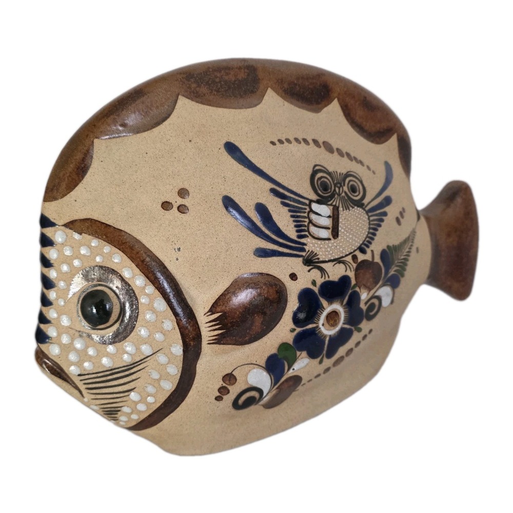 Large Vintage Tonala Mexican Pottery Fish Artist Signed Folk Art 12" x 10"